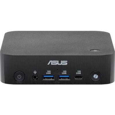 Un mini PC ASUS noir avec deux ports USB, un port USB-C et une prise audio jack à l'avant, accompagnés d'un bouton d'alimentation et d'un bouton de synchronisation.
