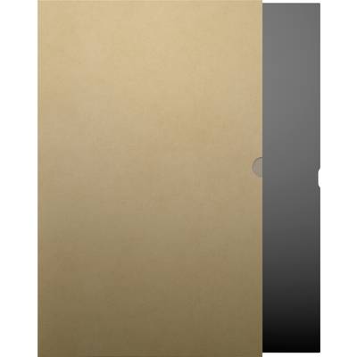 Un portefeuille de documents de couleur tan recouvrant partiellement une surface grise, avec une encoche semi-circulaire pour un accès facile au contenu.