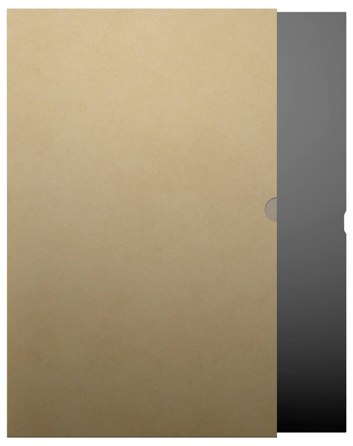 Un dossier en carton de couleur beige clair, légèrement ouvert, révélant une zone intérieure sombre. Le dossier présente une petite encoches semi-circulaire sur le bord droit.