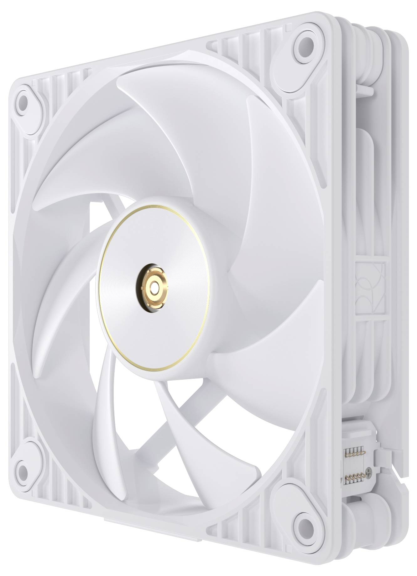 Un ventilateur de refroidissement informatique blanc au design épuré, doté de pales incurvées et d'un accent doré central.