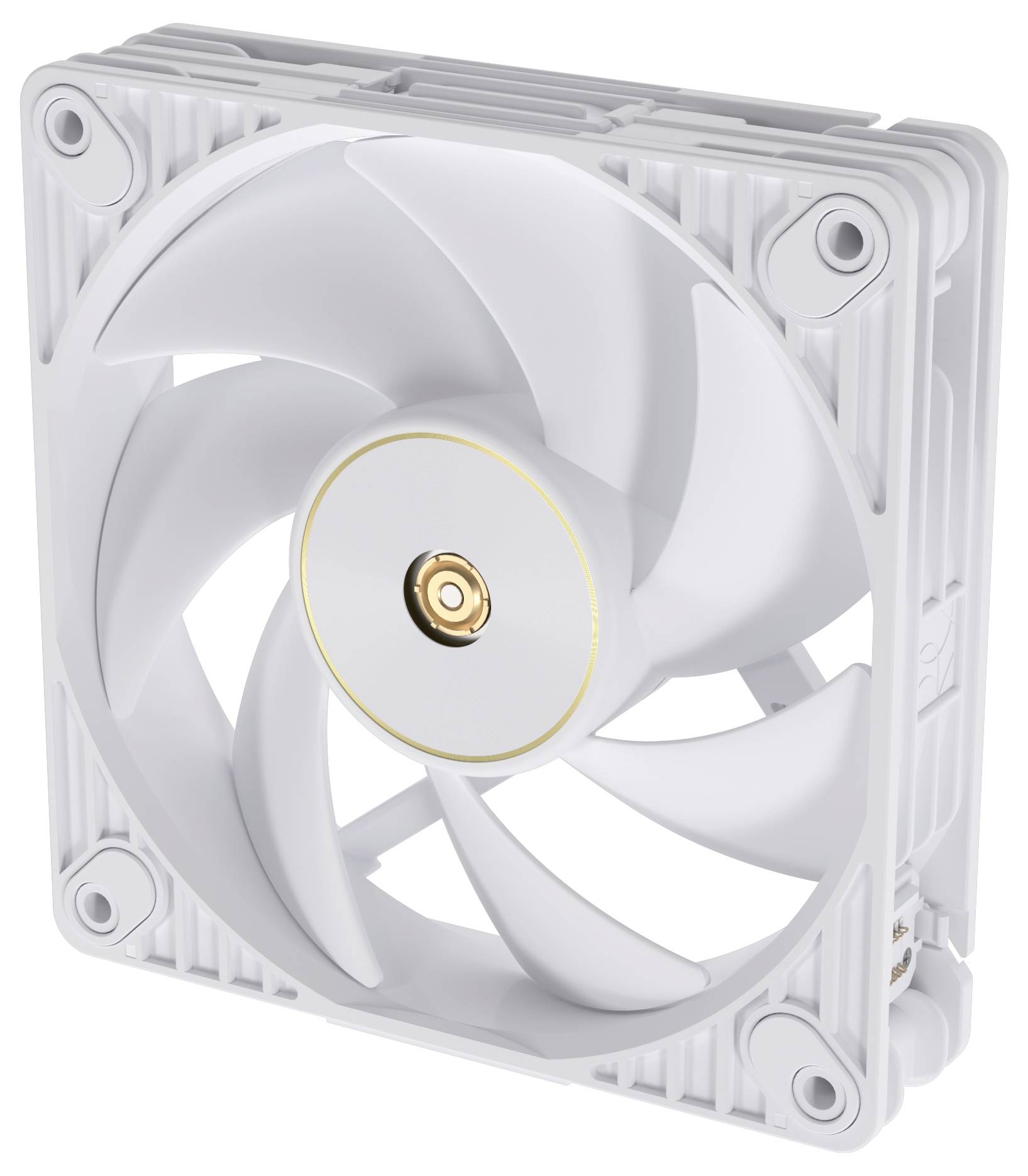 Un ventilateur de refroidissement informatique blanc présentant un moyeu central circulaire et plusieurs pales dans un cadre carré, conçu pour améliorer la ventilation.