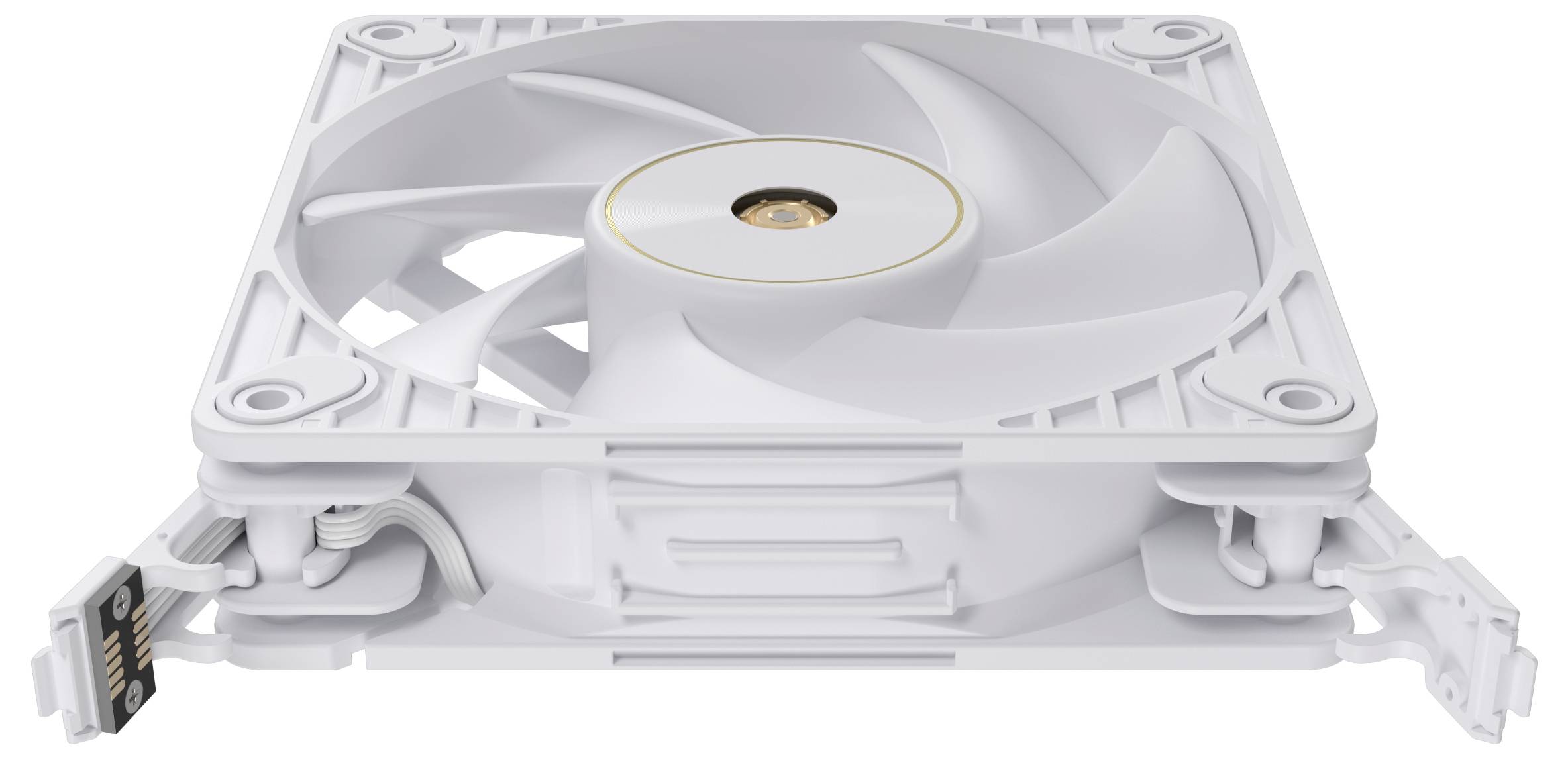 Un ventilateur de refroidissement pour ordinateur blanc avec plusieurs pales, monté dans un cadre carré, positionné pour améliorer le flux d'air dans les configurations de PC.