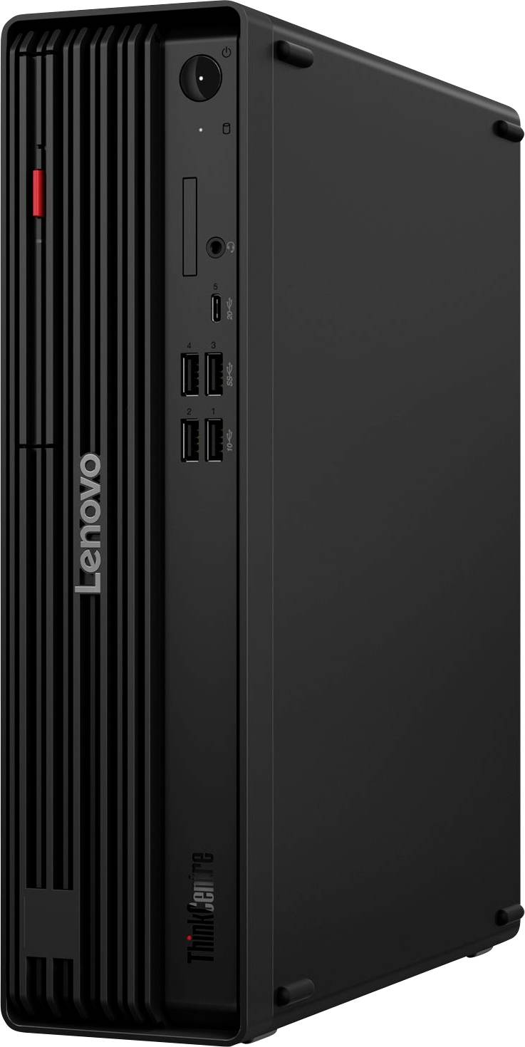 Ordinateur de bureau Lenovo ThinkCentre Tiny présenté en noir, vue de face et de côté avec fentes de ventilation et ports USB.