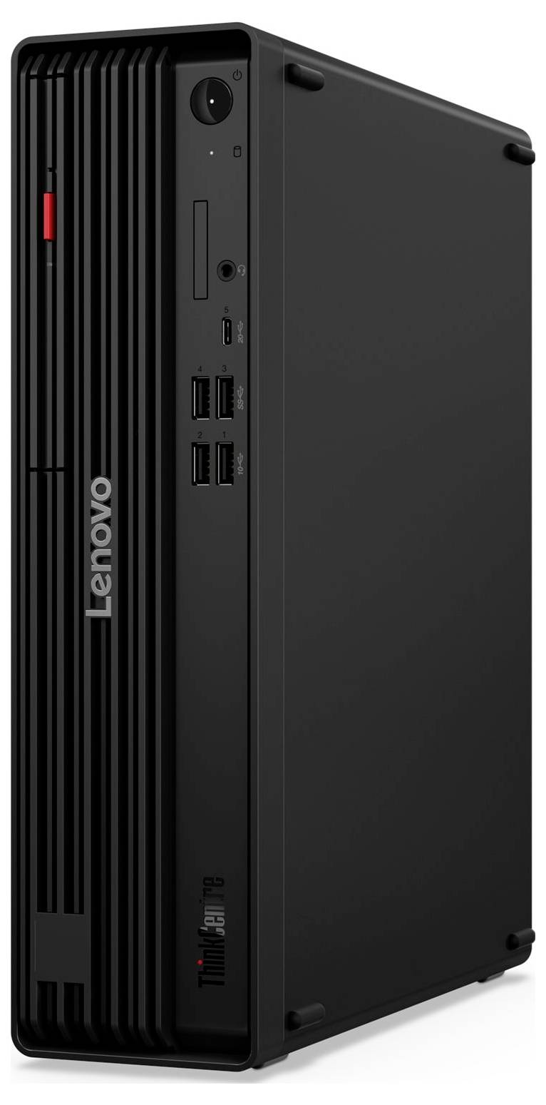 Un ordinateur tour Lenovo ThinkCentre noir avec plusieurs ports USB et un bouton d'alimentation sur le panneau frontal.