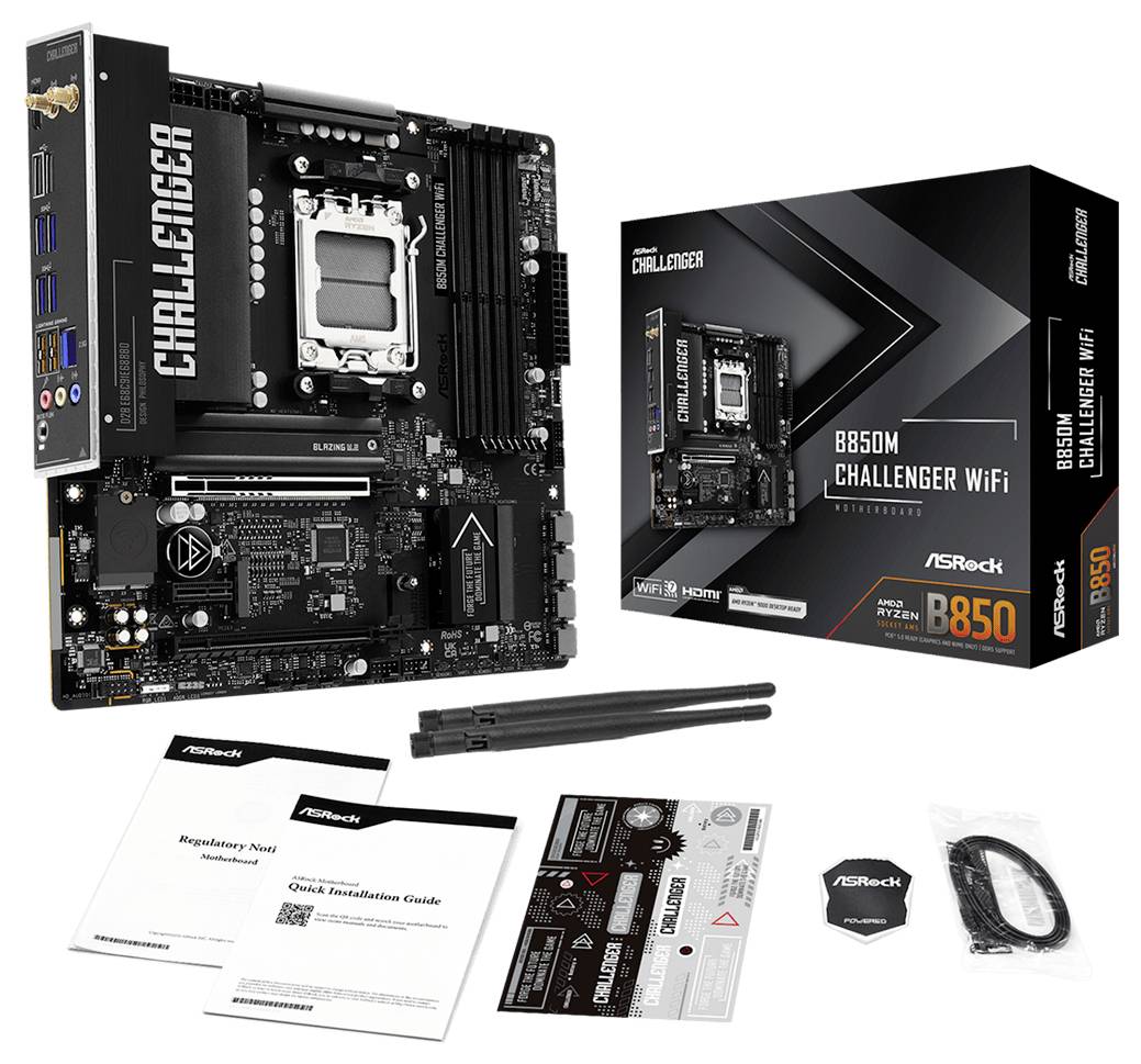 Carte mère ASRock X870 Challenger WiFi affichée avec boîte de vente au détail, manuels, insigne, câble et accessoires inclus sur un fond blanc.