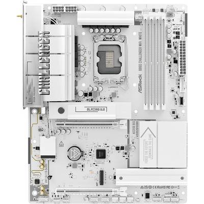 Carte mère ASRock Phantom Gaming blanche présentée de face, avec le socket CPU, les emplacements RAM, les emplacements d'expansion, les dissipateurs thermiques et les connecteurs d'E/S visibles.