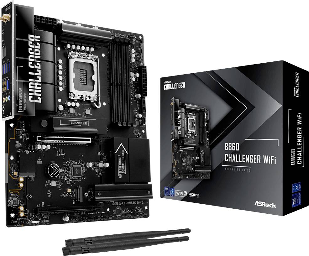 Carte mère ASRock B860 Challenger WiFi présentée à côté de sa boîte de vente au détail, avec deux antennes Wi-Fi ci-dessous.