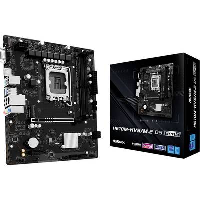 Carte mère ASRock H610M-HVS/M.2 D5 affichée à côté de sa boîte de vente au détail, présentant un socket de processeur Intel, un emplacement M.2 et la prise en charge de la DDR5.
