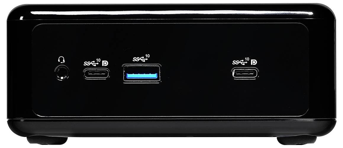 'Appareil électronique noir avec un port USB bleu et deux ports Type-C, vue de face. Comprend une prise casque sur le côté gauche.'