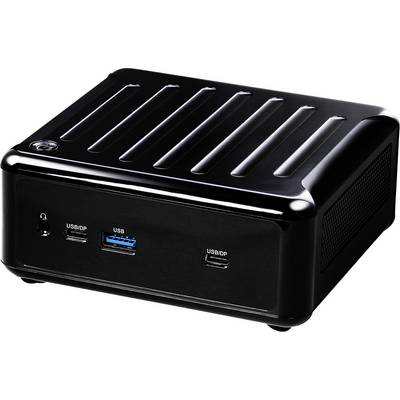Mini PC compact noir avec plusieurs ports USB frontaux et un bouton d'alimentation, présenté en vue trois-quarts sur fond blanc