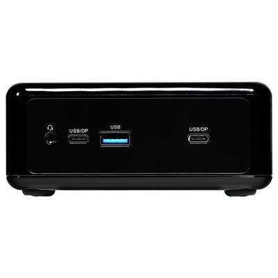 Vue de face d'un panneau de dispositif noir avec des ports étiquetés « USB/DP », « USB » et « USB/DP », plus une petite prise audio ronde sur la gauche.