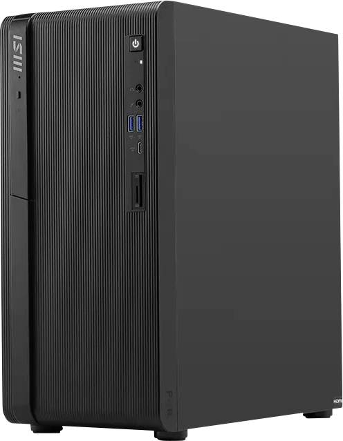 Tour d'ordinateur de bureau MSI noire avec bouton d'alimentation frontal, ports USB et lecteur optique sur un fond blanc uni