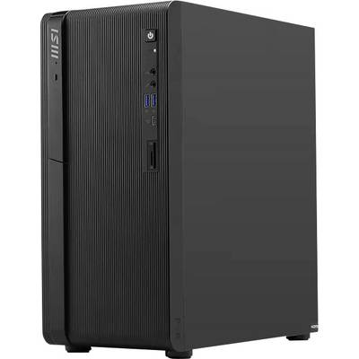 Tour d'ordinateur de bureau MSI noire avec bouton d'alimentation frontal, ports USB et lecteur optique sur un fond blanc uni