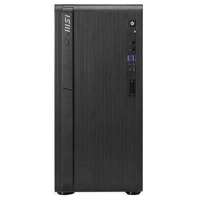 Vue de face d'une tour de bureau MSI noire avec bouton d'alimentation frontal, ports USB et prises audio.