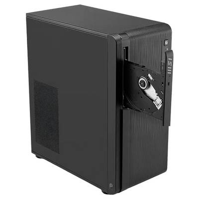 Boîtier d'ordinateur de bureau noir avec un panneau latéral ouvert, montrant une baie de lecteur interne et un bouton d'alimentation frontal.
