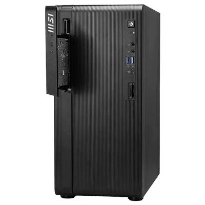Tour d'ordinateur de bureau MSI noire avec bouton d'alimentation frontal, ports USB et prises audio, présentée dans une vue de produit en studio.