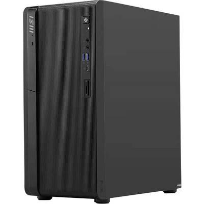 Boîtier de tour d'ordinateur de bureau noir avec bouton d'alimentation frontal, ports USB et baie de lecteur sur un fond uni