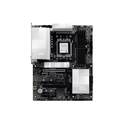 Carte mère de la série MSI PRO avec socket de processeur, emplacements de RAM, emplacement PCIe et dissipateurs thermiques argentés sur une carte noire.