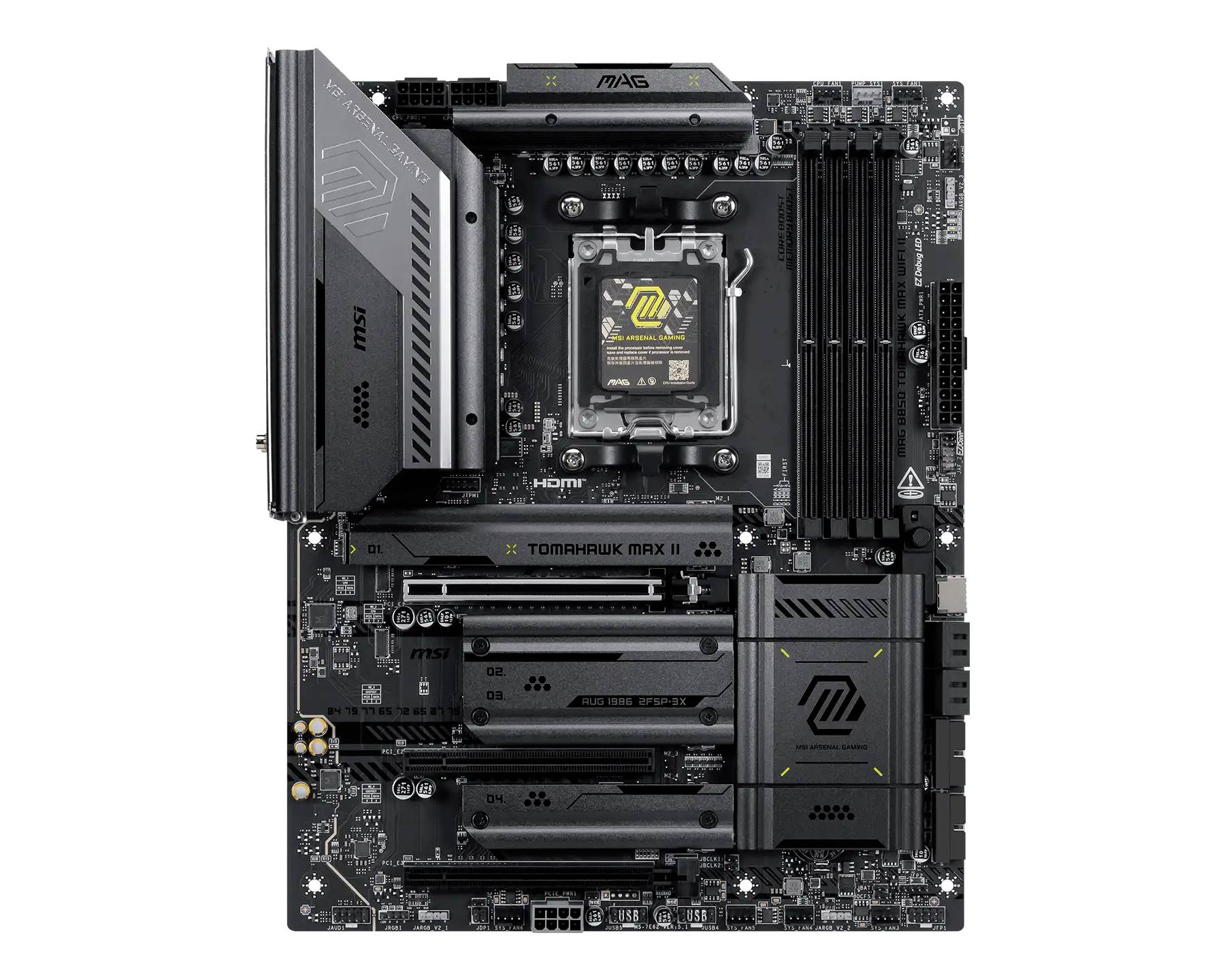Une carte mère MSI MAG Tomahawk noire présentée de face, avec le socket CPU, les emplacements RAM, les emplacements PCIe, les dissipateurs thermiques et les connecteurs d'alimentation visibles.