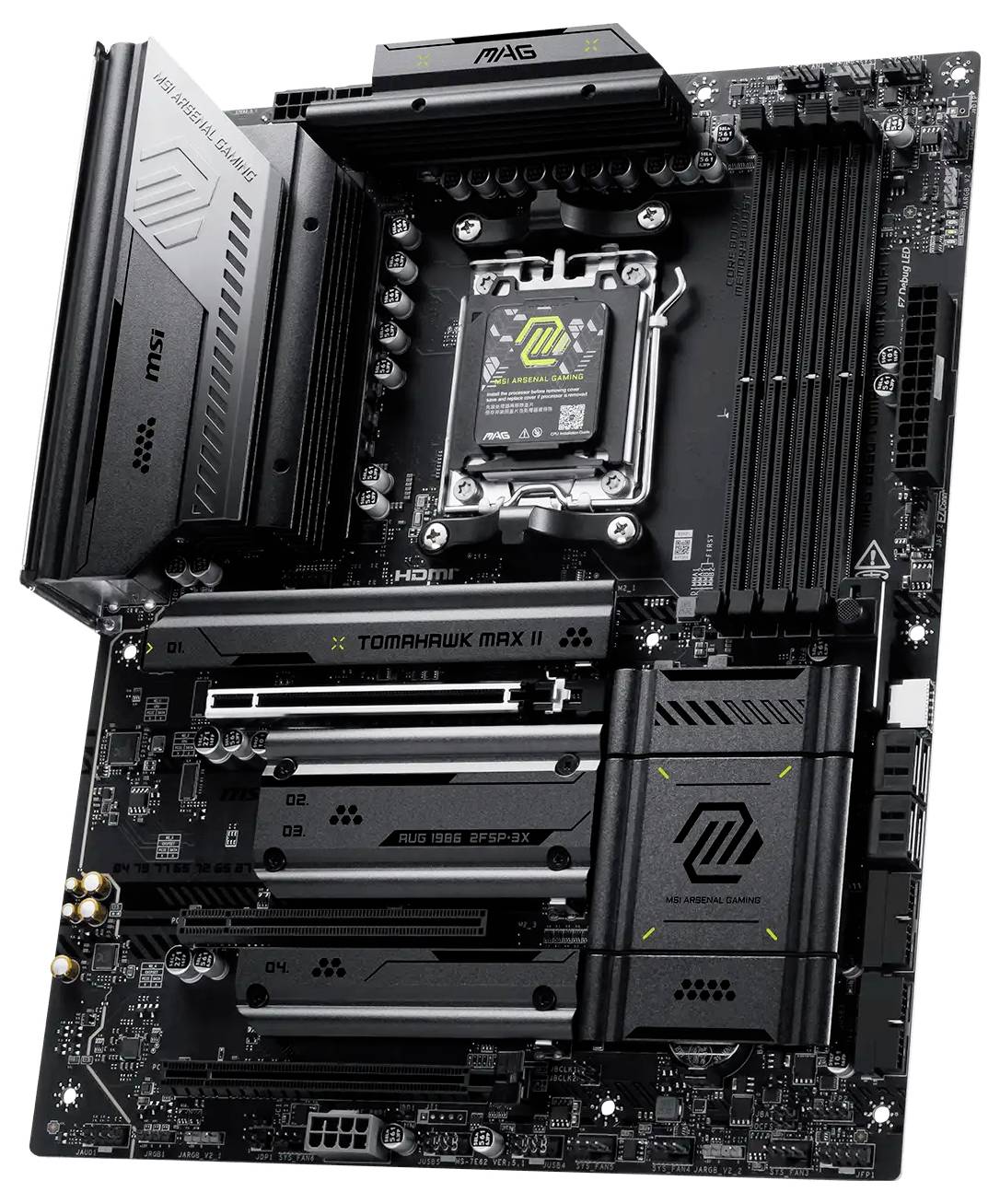 Carte mère MSI MAG Tomahawk Max II avec socket CPU, emplacements RAM, emplacements PCIe, dissipateurs thermiques et bouclier M.2/lecteur, présentée isolée sur fond blanc.