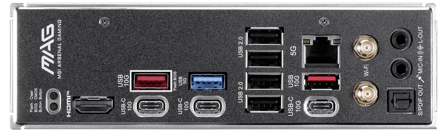 Vue arrière d'un panneau d'entrée/sortie de carte mère gaming MAGE avec connecteurs HDMI, USB-C, USB-A, Ethernet, antennes Wi-Fi et ports audio.
