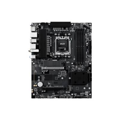 Carte mère MSI avec socket de processeur Intel, quatre emplacements de RAM, emplacements PCIe et plusieurs ports E/S arrière, affichée sur un fond blanc.