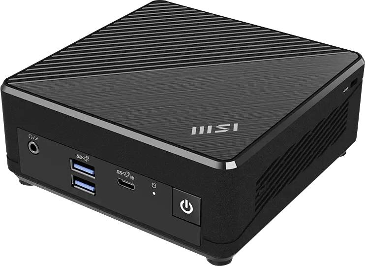 Mini PC MSI compact avec bouton d'alimentation frontal, prise casque, deux ports USB-A et un port USB-C sur un boîtier noir à rayures.