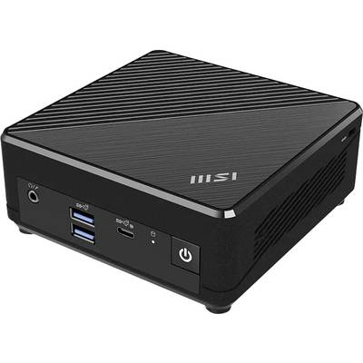 Mini PC MSI compact avec bouton d'alimentation frontal, prise casque, deux ports USB-A et un port USB-C sur un boîtier noir à rayures.