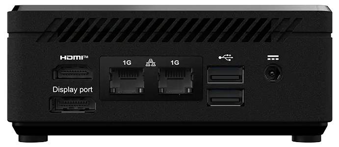 Vue arrière d'un petit ordinateur ou mini PC avec HDMI, DisplayPort, deux ports Ethernet, deux ports USB et une prise d'alimentation.