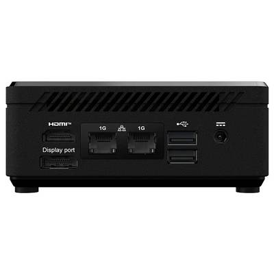 Vue arrière d'un petit ordinateur ou mini PC avec HDMI, DisplayPort, deux ports Ethernet, deux ports USB et une prise d'alimentation.