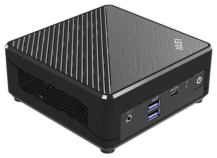 Petit ordinateur de bureau noir et compact avec dessus texturé, bouton d'alimentation frontal, prise audio, ports USB et port USB-C.