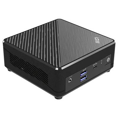 Petit ordinateur de bureau noir et compact avec dessus texturé, bouton d'alimentation frontal, prise audio, ports USB et port USB-C.
