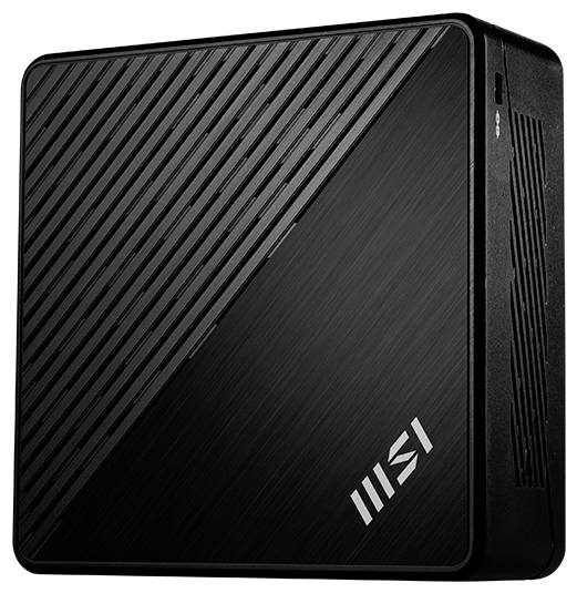 Boîtier de mini PC de bureau MSI noir avec panneau frontal à nervures diagonales et évents latéraux sur un fond blanc