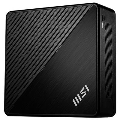 Boîtier de mini PC de bureau MSI noir avec panneau frontal à nervures diagonales et évents latéraux sur un fond blanc