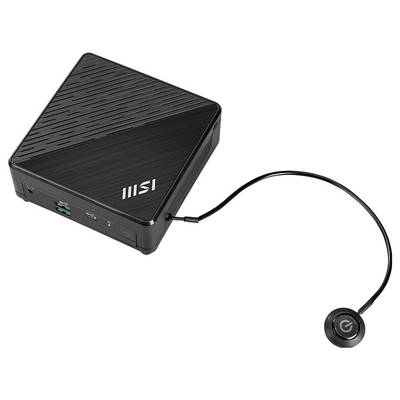 Ordinateur de bureau miniature MSI avec bouton d'alimentation attaché sur un câble, montré sur fond blanc.