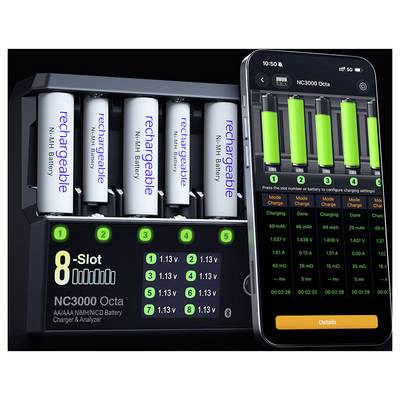 Chargeur de batterie rechargeable à huit emplacements avec cinq batteries Ni-MH AA/AAA installées, présenté avec une application téléphonique surveillant l'état de charge et les niveaux de tension.