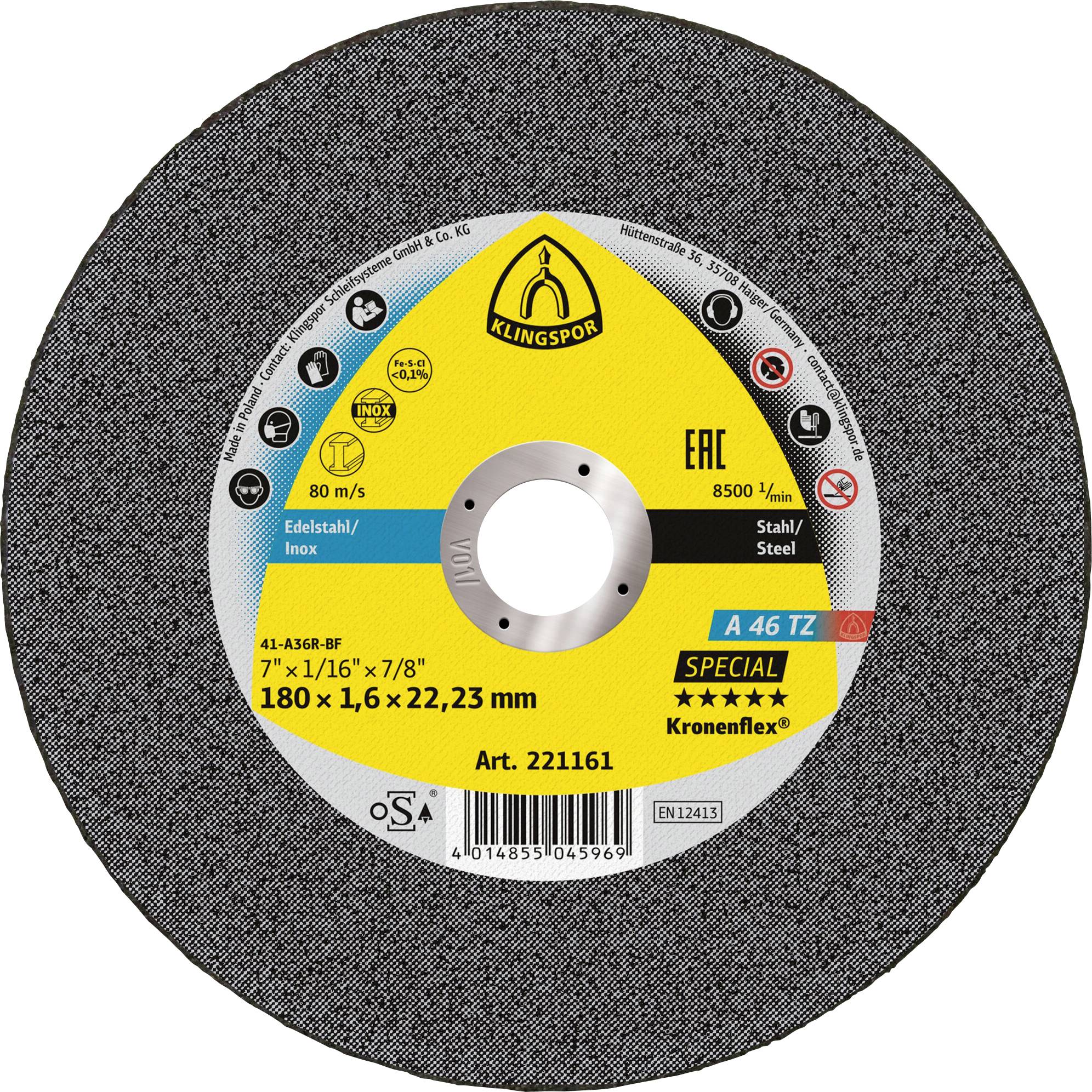 « Un disque de coupe Klingspor pour l'acier, étiqueté 180x1.6x22.23 mm, vitesse maximale 8500 tr/min. Surface grise avec un trou central pour le montage. »