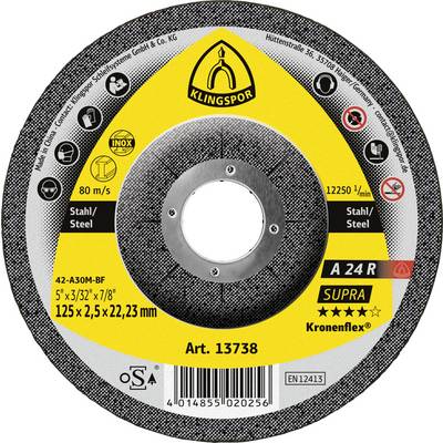 Un disque de coupe abrasif circulaire étiqueté « Klingspor ; 125x2,5x22,23mm ; 80m/s ; A24R Supra ; Inox ; Art. 13738 ». Convient pour l'acier inoxydable.