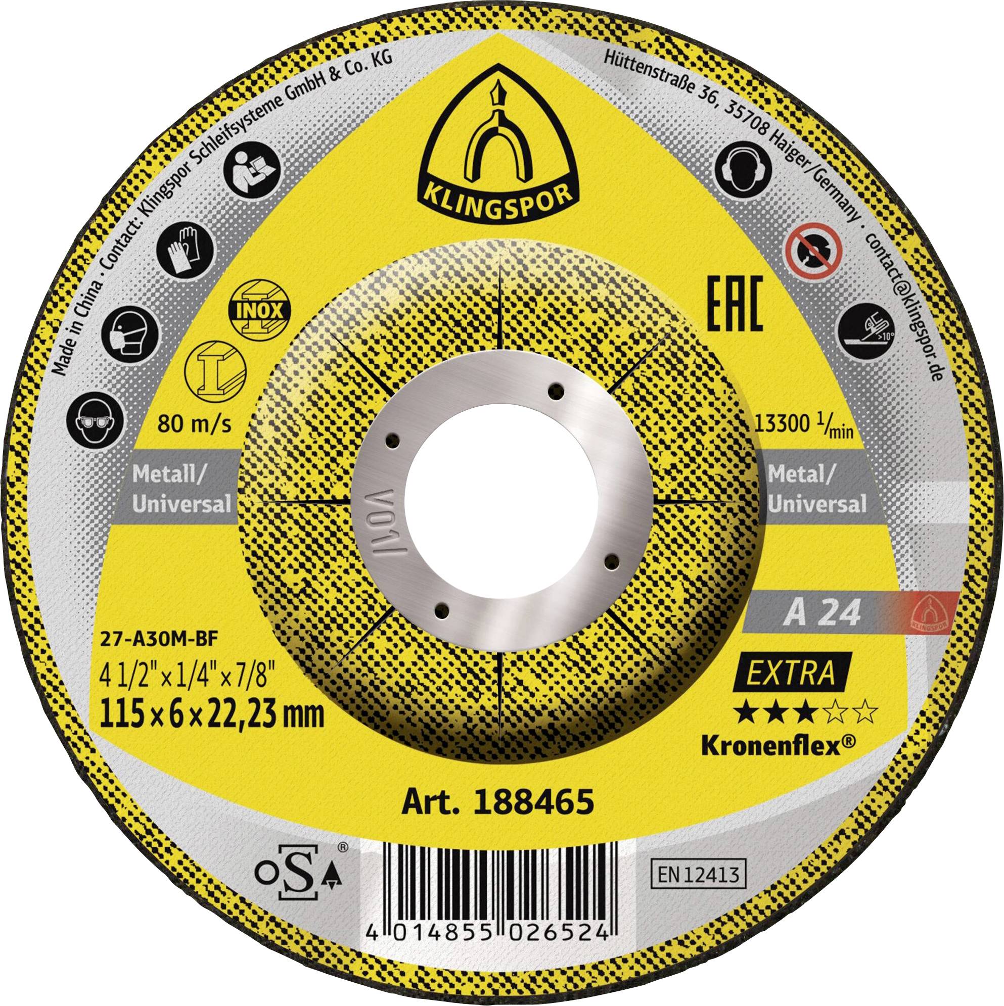 Un disque de coupe en métal jaune et noir portant le label 'Klingspor' pour usage universel sur métaux. Dimensions 115 x 6 x 22,23 mm. Vitesse maximale 13 300 tr/min.
