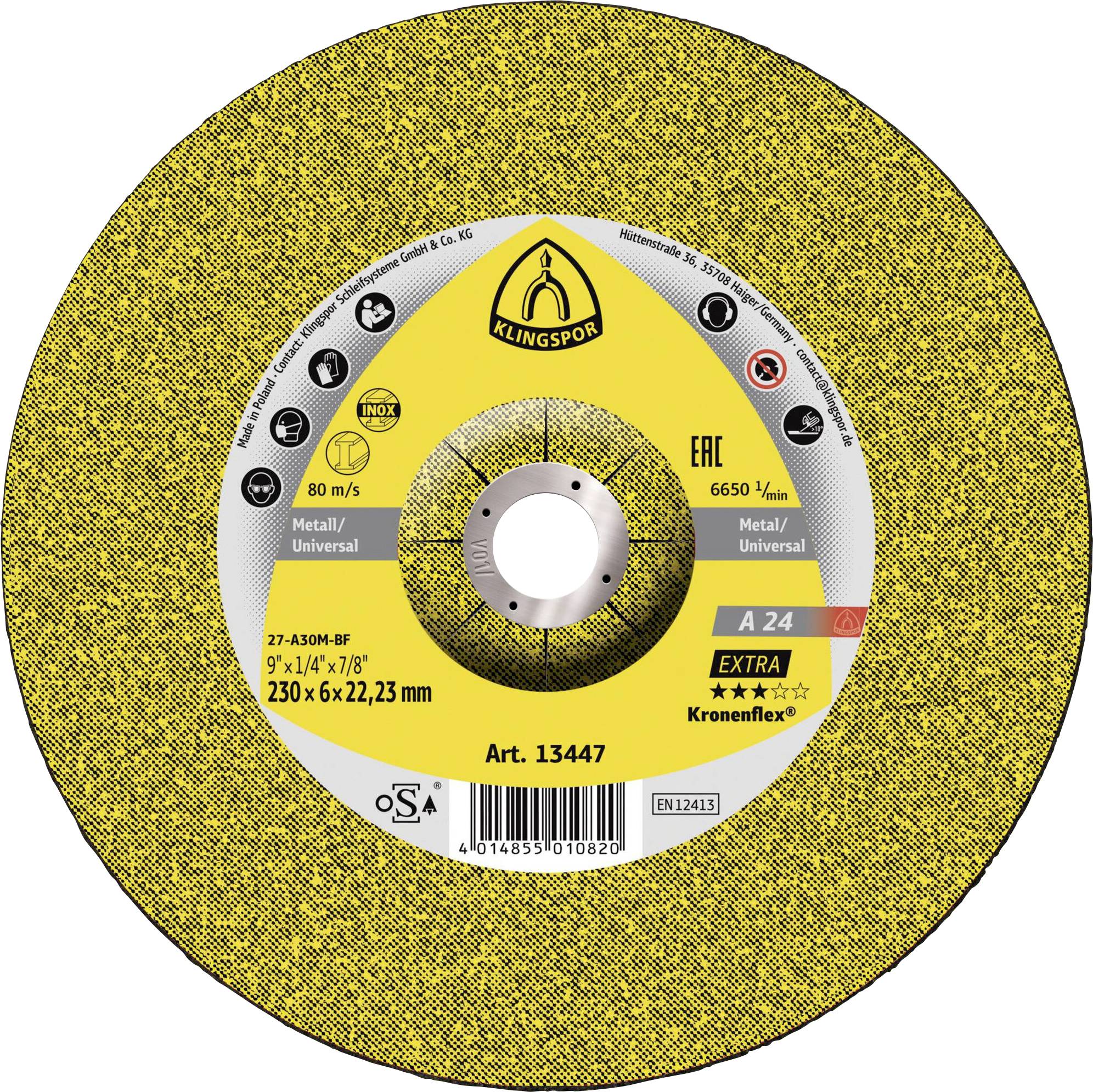 Un disque de meulage rond avec un design jaune et noir étiqueté "Klingspor". Les spécifications incluent les dimensions, la vitesse, le type et l'utilisation matérielle.
