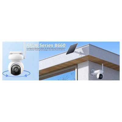 Caméra de surveillance 'Altas Series B660' avec Wi-Fi et panneau solaire, montée à un coin de bâtiment, affichant une rotation à 360°.