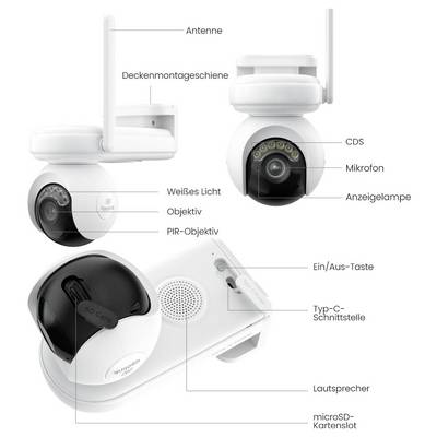 Caméra de surveillance avec antenne, rail de montage au plafond, microphone, voyant d'indication, objectif PIR, haut-parleur, emplacement pour carte microSD.