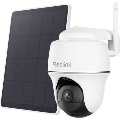 Caméra de surveillance pan-tilt avec le texte 'Reolink', positionnée à côté d'un panneau solaire, suggérant une fonctionnalité alimentée par l'énergie solaire.