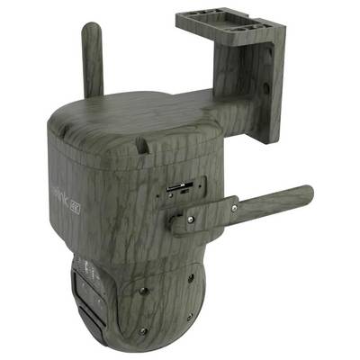 Un support pour caméra de sécurité, conçu pour une utilisation en extérieur, avec un support incliné et des bras ajustables. La surface a une texture imitant le bois.