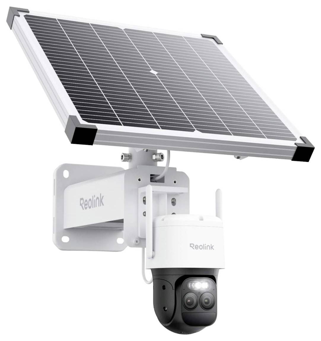 Une caméra de sécurité alimentée par l'énergie solaire avec un panneau monté au-dessus pour un approvisionnement énergétique continu, adaptée à la surveillance extérieure.