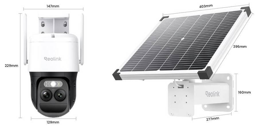 Caméra de surveillance et panneau solaire de Reolink. La caméra mesure 229 mm x 129 mm x 147 mm ; le panneau solaire 396 mm x 403 mm.