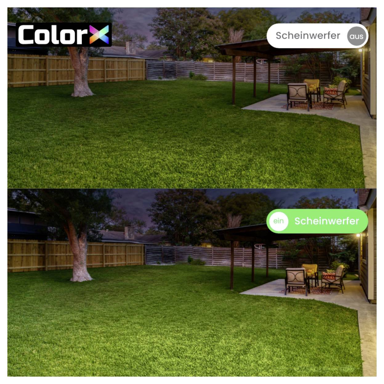 Deux images d'un jardin la nuit. En haut : pas de lumière, obscur. En bas : jardin éclairé par des projecteurs, plus clair et plus vivant.