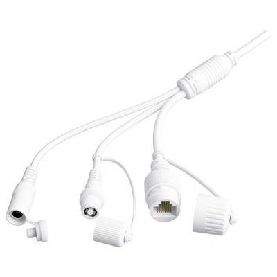 Un câble répartiteur blanc avec plusieurs connecteurs, notamment des connecteurs coaxiaux et Ethernet, pour la connexion de caméras de sécurité ou de dispositifs similaires.