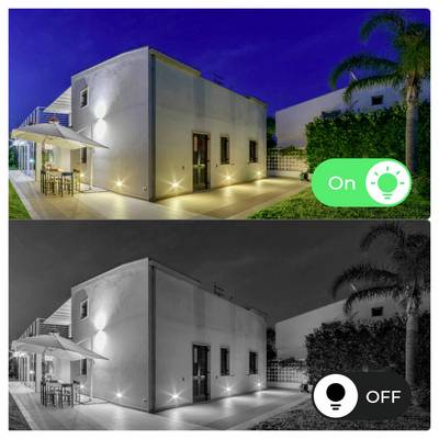 « Image montrant l'extérieur d'une maison la nuit présentant les effets avant et après de l'éclairage : image du haut avec les lumières de la maison allumées, image du bas avec les lumières éteintes. »