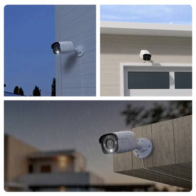« Trois images montrant des caméras de sécurité extérieures fixées sur différents murs de maison. Chaque caméra est clairement visible sous diverses conditions d'éclairage. »